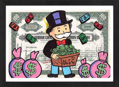 Monopoly holding $box with pink $ bags by Alec Monopoly